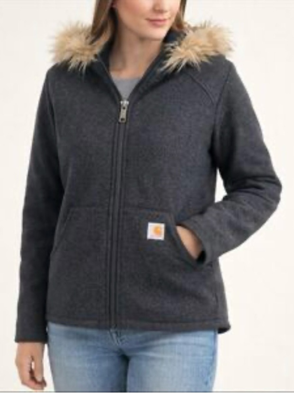 Carhartt Charcoal Hooded Insulated Wool blend Jacket with Faux Fur Trim 12/14